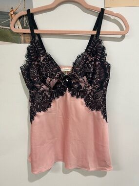 Soma Coquette Strawberry Milk Pink Satin Lace Cami with Black Floral Lace & Bow